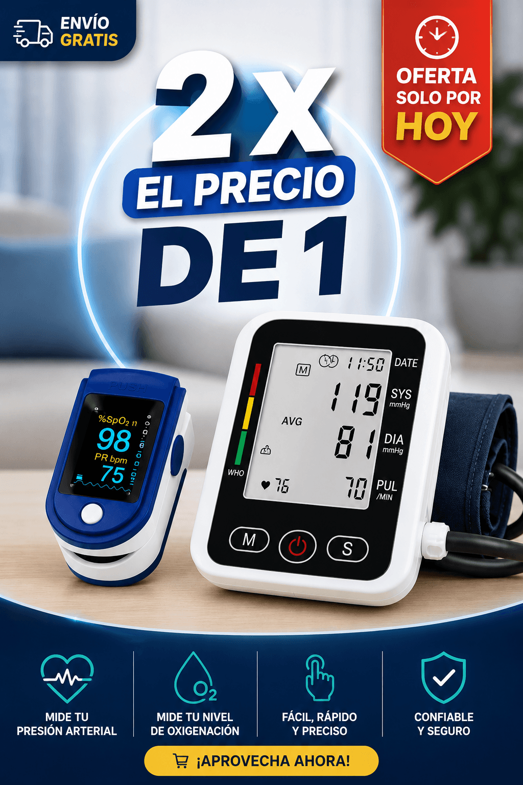 Combo Oxímetro + Tensiómetro Digital voz en ESPAÑOL